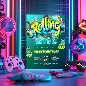 May include: A birthday invitation with a neon green, yellow, and blue graphic of the words "Rolling into 8" with roller skates. The invitation is for Kaler's birthday on March 25th at 1 o'clock in the afternoon. The invitation includes the address: "Steamline Lane, Aroma Coffee House".