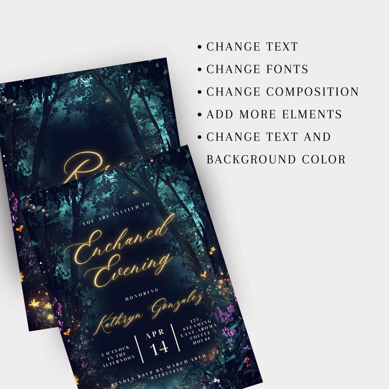May include: An invitation to an Enchanted Evening honoring Kathryn Gonzalez. The invitation features a dark blue background with a forest scene and glowing lights. The text is in gold and reads "You are invited to Enchanted Evening honoring Kathryn Gonzalez. 3 o'clock in the afternoon, April 14th. RSVP by March 18th, 8218273456. 123 Steaming Lane Aroma Cottel House."