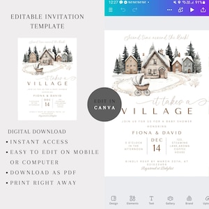 May include: A digital baby shower invitation template with a watercolor illustration of a village scene. The invitation includes the text "it takes a VILLAGE" and details for Fiona & David's baby shower on December 14th.