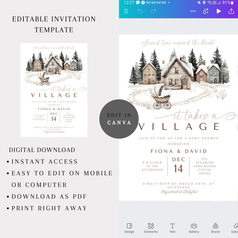 May include: A digital baby shower invitation template with a watercolor illustration of a village scene. The invitation includes the text "it takes a VILLAGE" and details for Fiona & David's baby shower on December 14th.