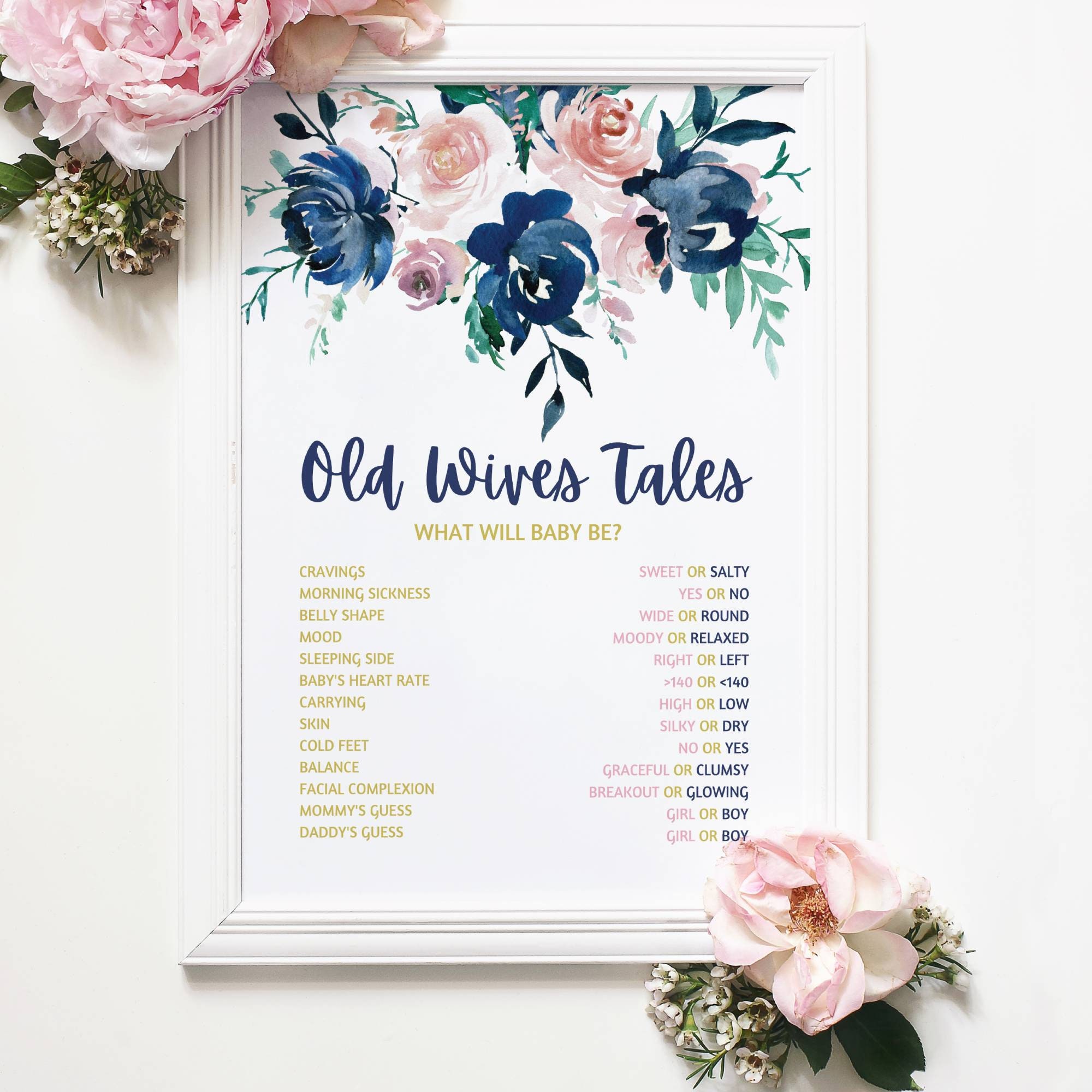 Old Wives Tales Print for Gender Reveal Party in Gold Blush and Navy ...