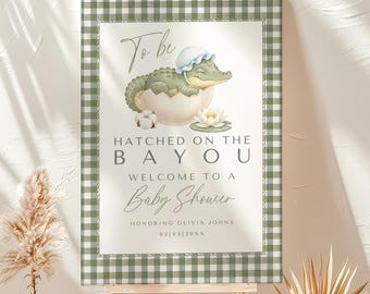 Letrero de bienvenida para baby shower "Nacido en el pantano": Póster de cuadros vichy con cocodrilo (Descarga digital)