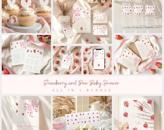 Pink ribbon strawberry baby shower invitation party bundle, pink bow baby shower, berry sweet, someone berry sweet, canva editable template.