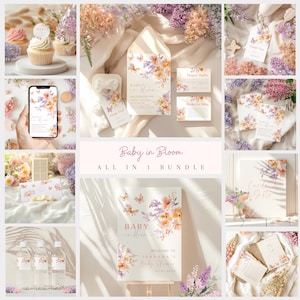 Baby in bloom baby shower invitation bundle, wildflower baby shower invite and editable games, floral baby shower decorations and more.