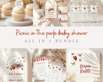 Inbjudningspaket till babyshower med picknick i parken. Lekar med picknicktema, välkomstskylt för picknick, inbjudan till babyshower med picknick, presentetiketter och mer.
