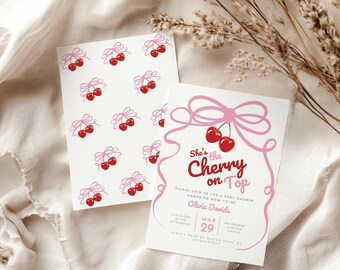 Shes the cherry on top baby shower invitation, baby shower invite, fruit theme shower, canva editable template. Wavy frame invite design.