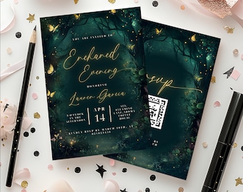 Enchanted Forest Theme Quince, Enchanted evening Sweet 16 Invitation, Quinceanera Invites, Emerald Gold, Enchanted Invitation.
