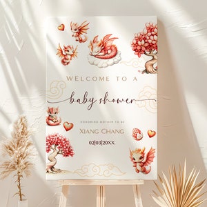 Year of dragon, baby shower, welcome sign, canva template, printable poster, 100 days, red egg, chinese baby shower.