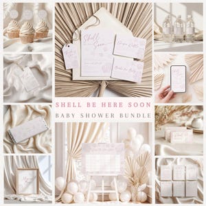 May include: A baby shower bundle featuring light pink stationery with seashell illustrations and the text Shell Be Here Soon. Includes invitations, thank you tags, a diaper raffle card, a book request card, a candy bar wrapper, and a game sign.