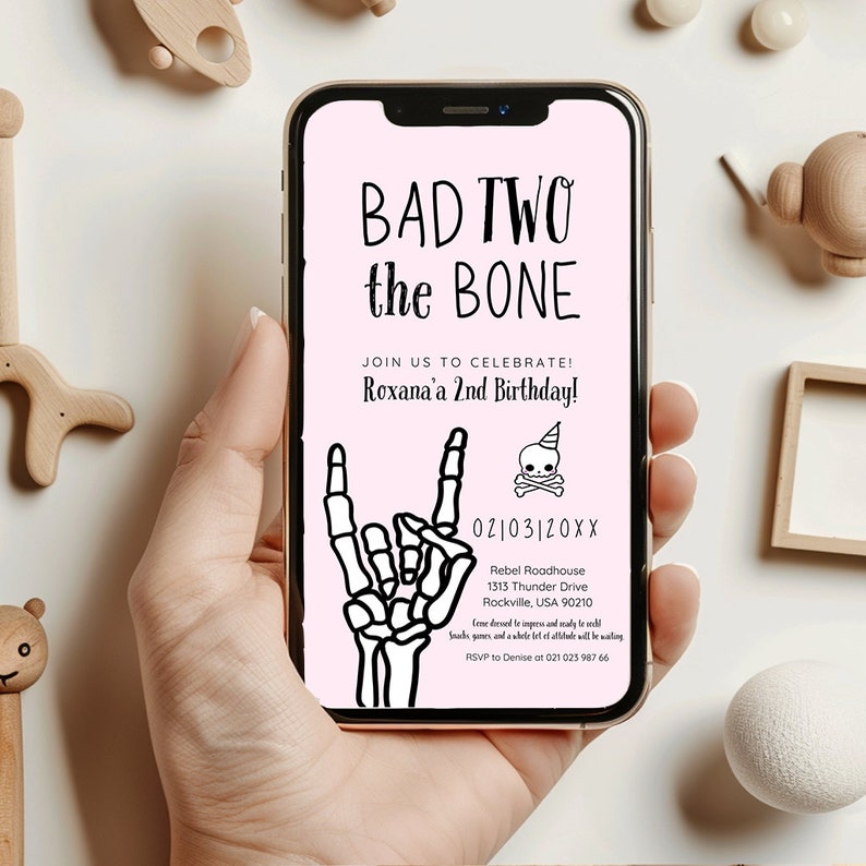 Pink Skeleton, Bones Birthday, Invite Printable, Bad to The, Bone