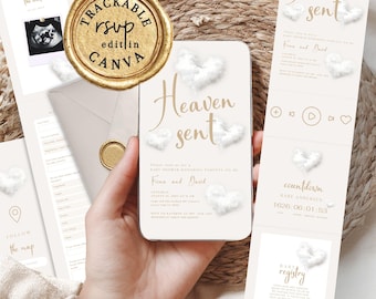Heaven sent baby shower Website invitation with Digital Rsvp tracker - Cloud baby shower video mobile phone invite.