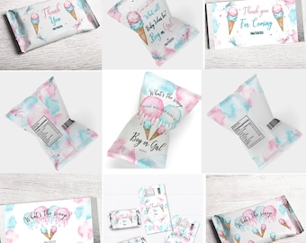 Ice Cream Gender Reveal Bundle. Ice cream Chip bags and Hershey's Labels. Learn more about this listing in description box below.