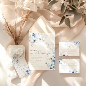 Ensemble d'invitations baby shower bleu bébé en fleurs, Boho floral bleu, printemps bleu de Pâques, invitation de fleurs sauvages, invitation de baby shower, ensemble de douche,