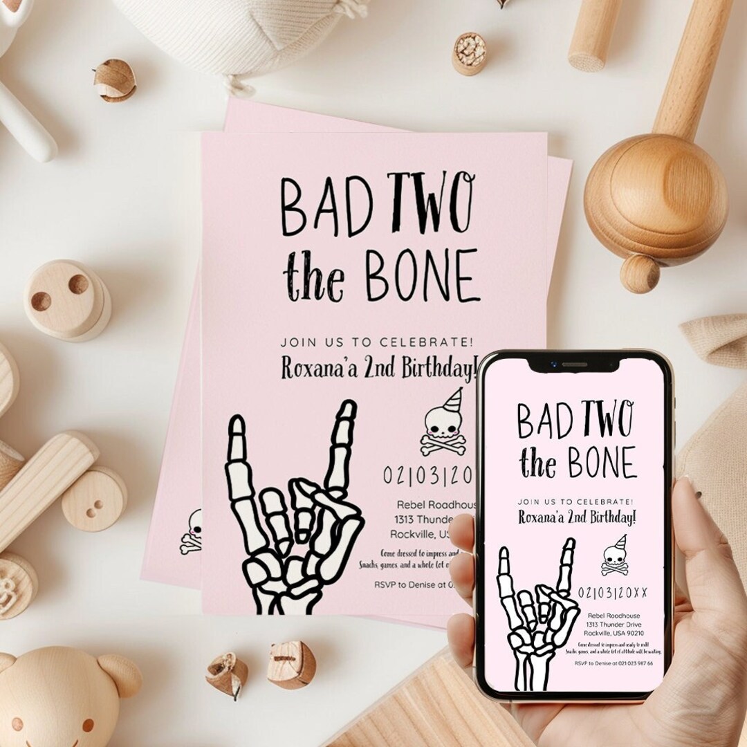 Pink Skeleton, Bones Birthday, Invite Printable, Bad to The, Bone
