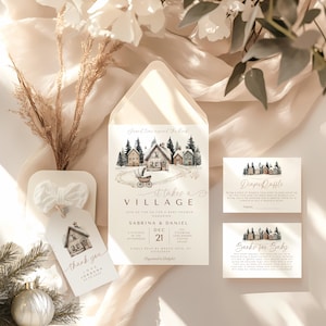 Il faut un ensemble d'invitations pour une fête prénatale du village, une maison en briques d'hiver, un paquet d'invitations, une fête prénatale enneigée, un bébé de Noël, un bébé de décembre.