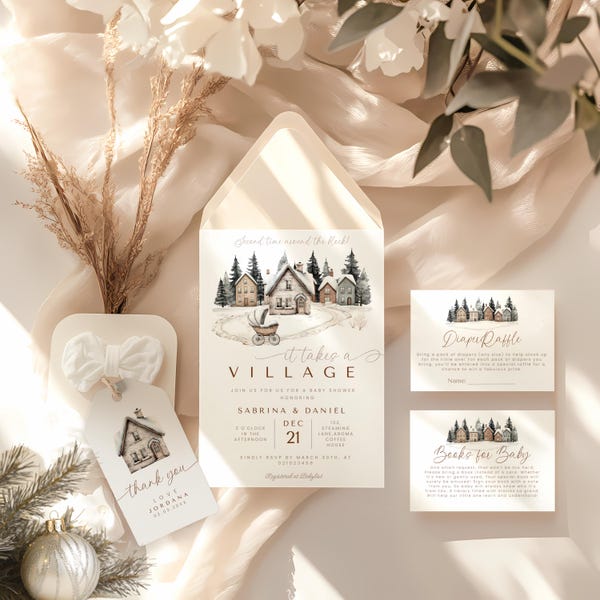 It takes a village baby shower invite set, winter brick house, invitation bundle, snowy Baby Shower, Christmas Baby, December Baby.