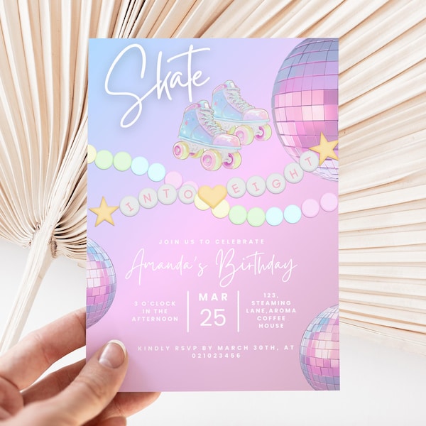 8th birthday invitation and invite, skating rink, roller skates, skate rink birthday, retro skates, girl birthday, skate birthday.