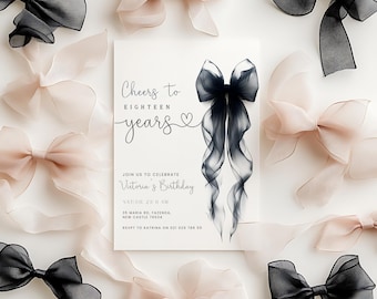 Coquette birthday invitation digital 18th party invite, Editable Invitation, Bow Birthday Invite, Girl Birthday Invite,18Th Birthday Invite.