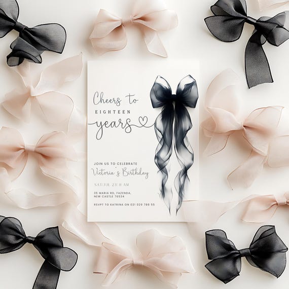 Coquette birthday invitation digital 18th party invite, Editable Invitation, Bow Birthday Invite, Girl Birthday Invite,18Th Birthday Invite.