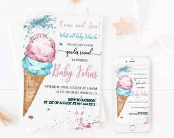Uitnodiging voor een gender reveal met ijs. Roze of blauwe uitnodiging met de tekst "What's the scoop?". Klik voor meer informatie.
