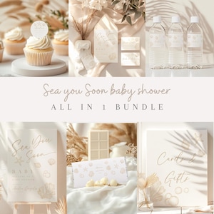 Inbjudningspaket till babyshowern "Se dig snart". Shell babyshower inkluderar välkomstskylt, strandbabyshowerlekar, cupcake-toppar och mer.