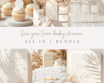 Sea you soon baby shower invite bundle. Shell baby shower includes welcome sign, beach babe shower games, cupcake topper and more.