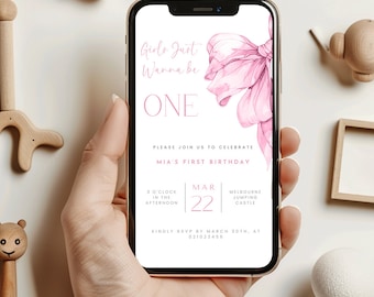 Girls just wanna be one birthday invite, girls 1st birthday, pink bow invitation, coquette girl invite. Learn more in description below.