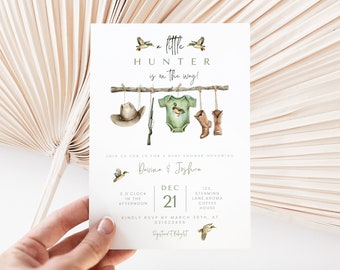Boy baby shower invitation hunter, Baby mallard duck invite, canva template, baby shower for boy, duck hunting. Learn more in description.