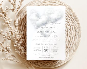 Little piece of heaven gender reveal printable invite, Neutral Gender Reveal Heaven Sent Invitation template, We'Re On Cloud 9 invite.