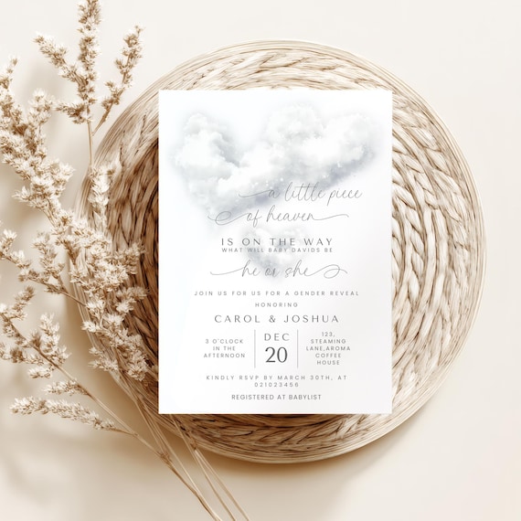 Little piece of heaven gender reveal printable invite, Neutral Gender Reveal Heaven Sent Invitation template, We'Re On Cloud 9 invite.