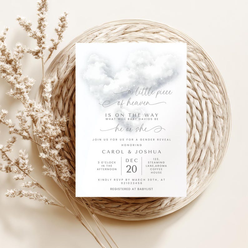 May include: A white invitation card with the text "a little piece of heaven" and "he or she" in elegant script. The card is for a gender reveal, with the names Carol & Joshua. The date is December 20th.