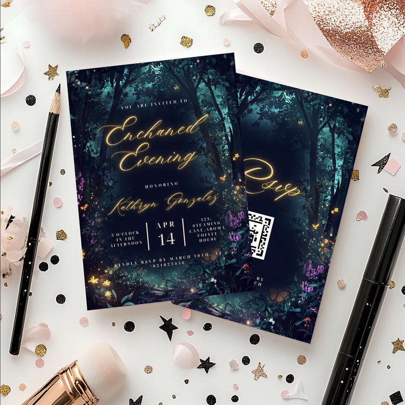 May include: An invitation to an Enchanted Evening honoring Kathryn Gonzalez. The invitation features a dark blue background with a forest scene, glowing lights, and butterflies. The date is April 14th, and the time is 3 o'clock in the afternoon. RSVP by March 10th.