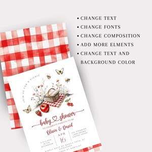 May include: A baby shower invitation with a picnic theme. The invitation features watercolor illustrations of a picnic basket, flowers, bees, butterflies, and fruit. The text reads "baby shower" and the names of the parents-to-be, Olivia & David.