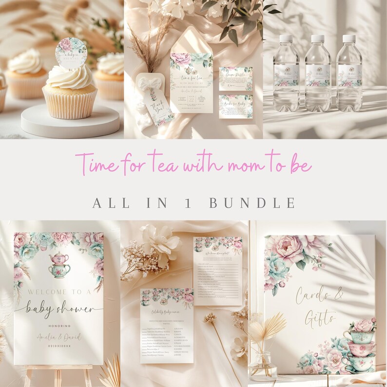 K&ouml;nnte beinhalten: Ein Set mit druckbaren Babyparty-Dekorationen zum Thema Teeparty. Das Set enth&auml;lt ein Willkommens-Schild, eine Einladung, Karten und Geschenkanh&auml;nger. Das Design zeigt Aquarellblumen, Teetassen und eine pastellfarbene Farbpalette.