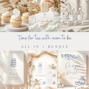 Lot d'invitations numériques Thé avec la future maman pour une baby shower. Joli ours en peluche sur le thème de la Toile de Jouy avec une tasse de thé, une douche chinoise.