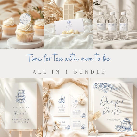 Tea with the Mom to be digital baby shower invite bundle. Cute teddy bear in Toile de Jouy theme with a tea cup tea pot, Chinoiserie shower.