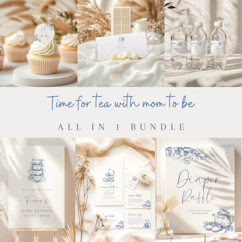 May include: A set of printable baby shower decorations with a tea party theme. The decorations include a welcome sign, invitations, a diaper raffle sign, and cupcake toppers. The design features blue and white teacups, flowers, and a teapot.