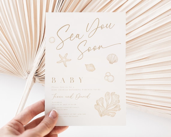 Sea you soon baby shower invite, shell baby shower, beach baby shower, sea you soon baby, under the sea baby, ocean baby shower.