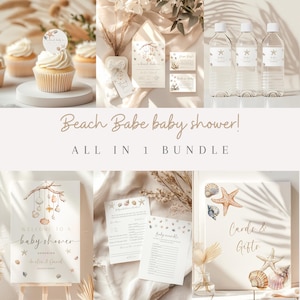 Bundel met uitnodiging voor strandbaby-babyshower, inclusief games, bedankkaartje, welkomstbord, bewerkbare uitnodiging en nog veel meer.