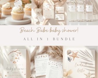 May include: Beach Babe baby shower printable set with a welcome sign, cards, and gift tags. The design features a watercolor illustration of seashells and starfish.