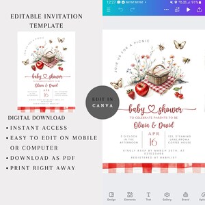 May include: A baby shower invitation template with a picnic theme. The design features a picnic basket, red apple, strawberries, and butterflies. The invitation includes the text "baby shower" and details for the event, including the date, time, and location.