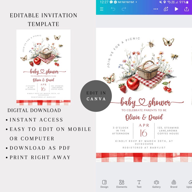 May include: A baby shower invitation template with a picnic theme. The design features a picnic basket, red apple, strawberries, and butterflies. The invitation includes the text "baby shower" and details for the event, including the date, time, and location.