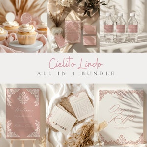 Cielito Lindo Babyparty Bundle bestehend aus Pinker Einladung, Windelkarte, Willkommensschild, Spielen und vielem mehr. Details in der Beschreibung