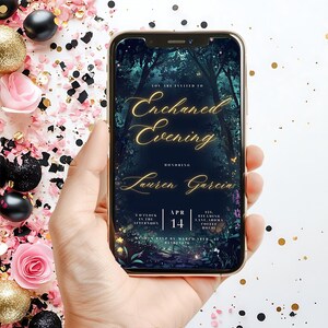 May include: A digital invitation for an Enchanted Evening, honoring Lauren Garcia. The invitation features a dark forest scene with glowing lights and butterflies. The event is scheduled for 3:00 PM on April 14th at 123 Steam Lane, Aroma Coffee House.