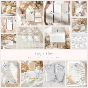Blue Baby in Bloom Baby Shower Invitation Bundle, Blue Floral Boho, Blue Easter Spring, Decor Ideas Wildflower, baby shower invite.
