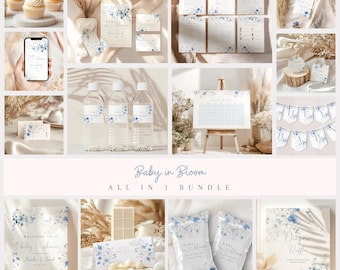 Blue Baby in Bloom Baby Shower Invitation Bundle, Blue Floral Boho, Blue Easter Spring, Decor Ideas Wildflower, baby shower invite.