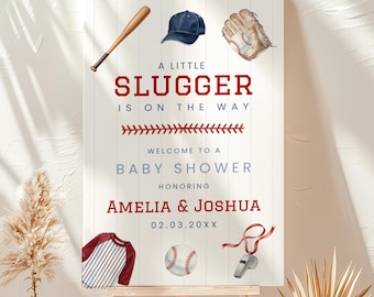 Baseball baby shower welcome sign, little slugger on the way easel sign, rookie of the year welcome poster custom canva editable template.