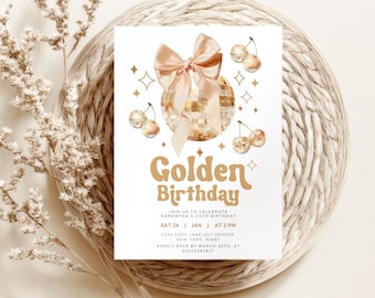 Golden birthday invitations 10th birthday girl Let's Disco invite, Sparkly invitation, Groovy Elegant, Modern Cute Trendy, Gold Disco Ball.