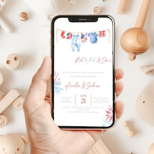 May include: A smartphone screen shows a baby shower invitation with a red, white, and blue theme. The design includes watercolor illustrations of baby clothes and the text "Red, White & Due." The invitation provides event details such as date, time, and location.