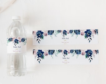 Blush and navy DIY bottle label. Water bottle wrapper for gender reveal. Learn more in description box below.